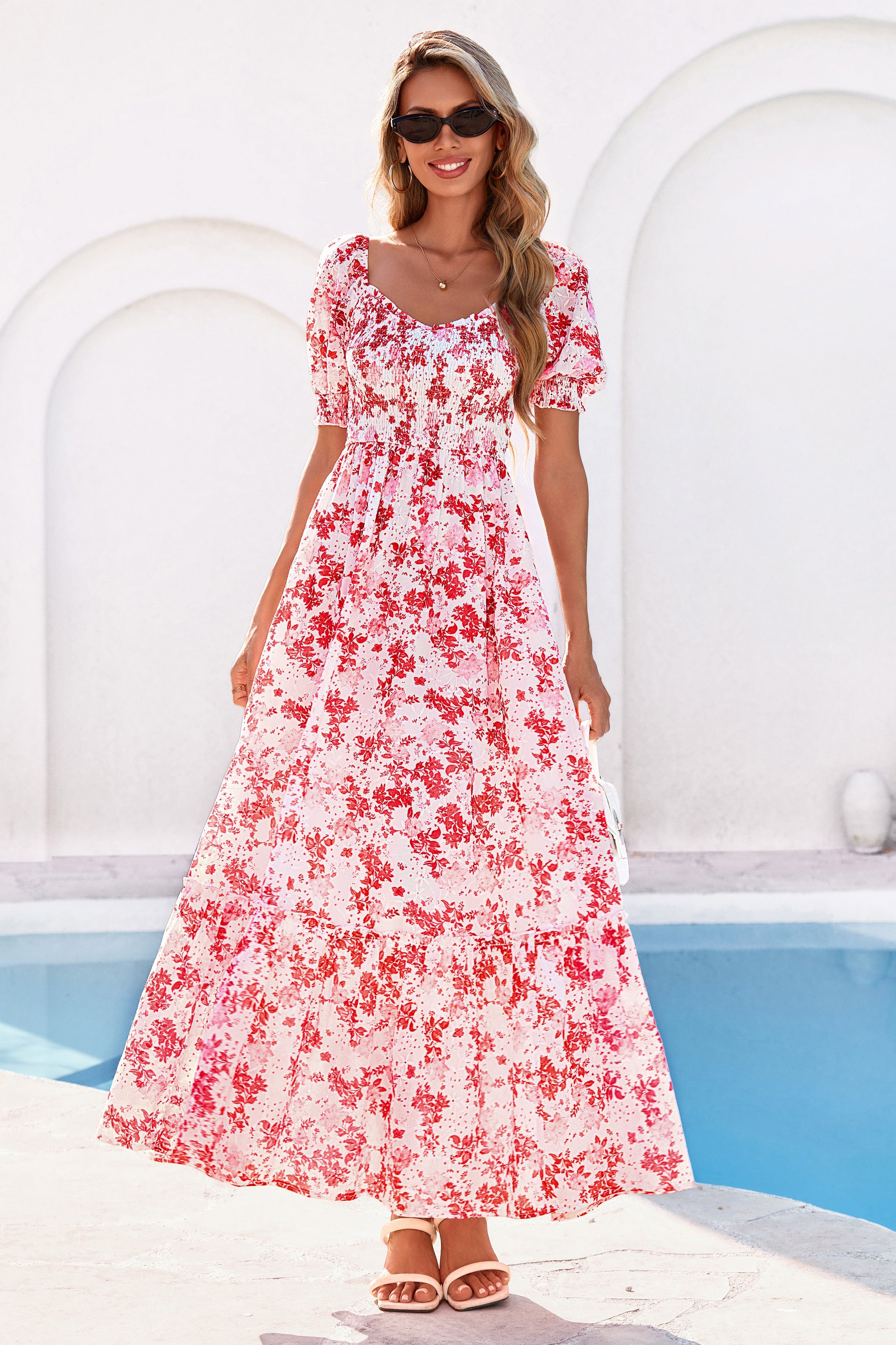 PRETTYGARDEN Women's Floral Boho Maxi Dresses Flowy Short Sleeve A Line Smocked Eyelet Summer Beach Vacation Clothes PRETTYGARDEN