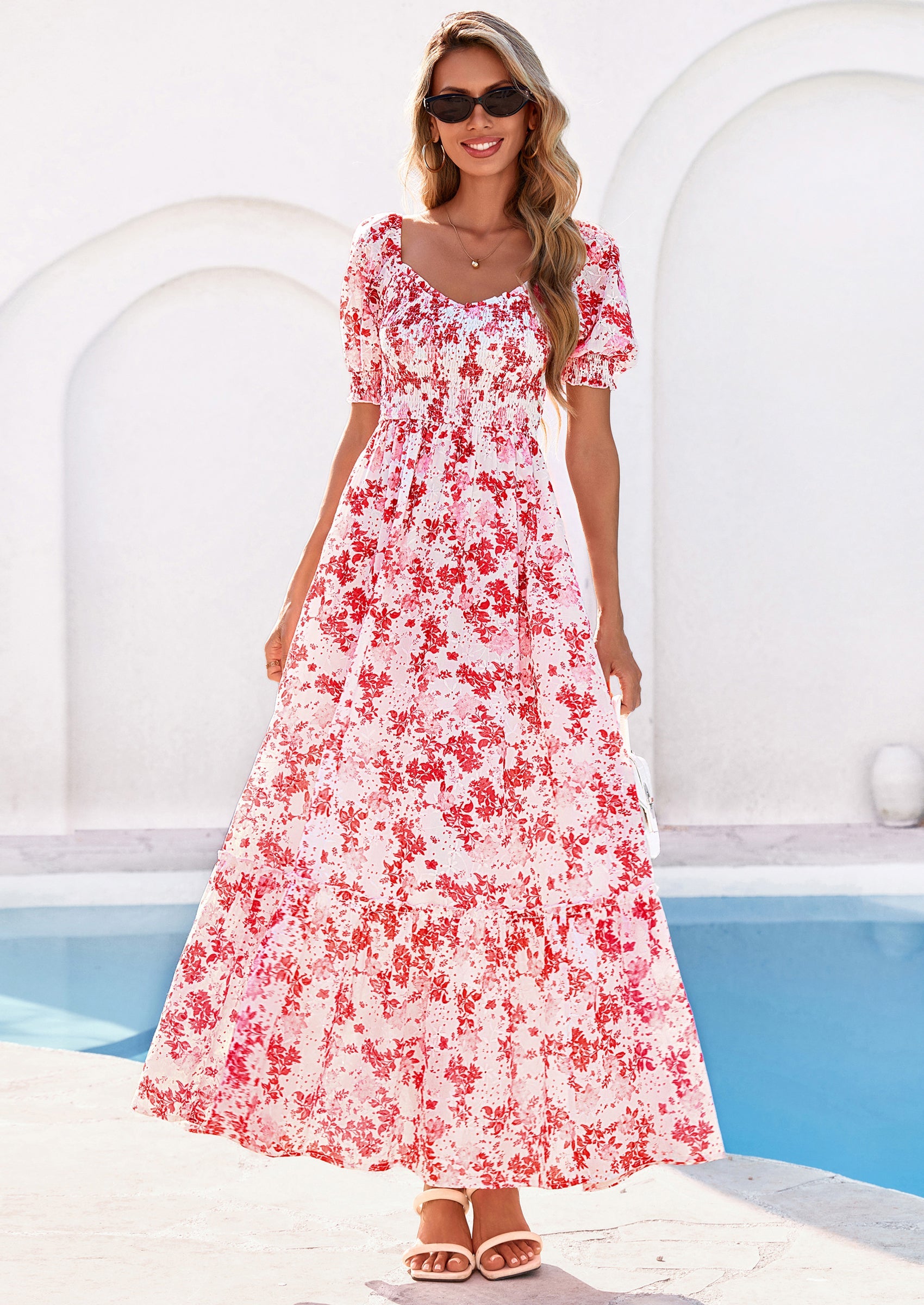 PRETTYGARDEN Women's Floral Boho Maxi Dresses Flowy Short Sleeve A Line Smocked Eyelet Summer Beach Vacation Clothes PRETTYGARDEN