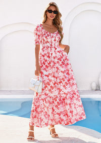 PRETTYGARDEN Women's Floral Boho Maxi Dresses Flowy Short Sleeve A Line Smocked Eyelet Summer Beach Vacation Clothes PRETTYGARDEN