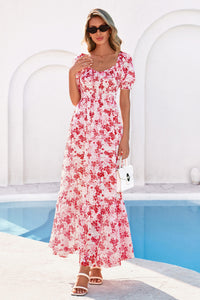 PRETTYGARDEN Women's Floral Boho Maxi Dresses Flowy Short Sleeve A Line Smocked Eyelet Summer Beach Vacation Clothes PRETTYGARDEN