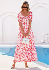 PRETTYGARDEN Women's Floral Boho Maxi Dresses Flowy Short Sleeve A Line Smocked Eyelet Summer Beach Vacation Clothes PRETTYGARDEN