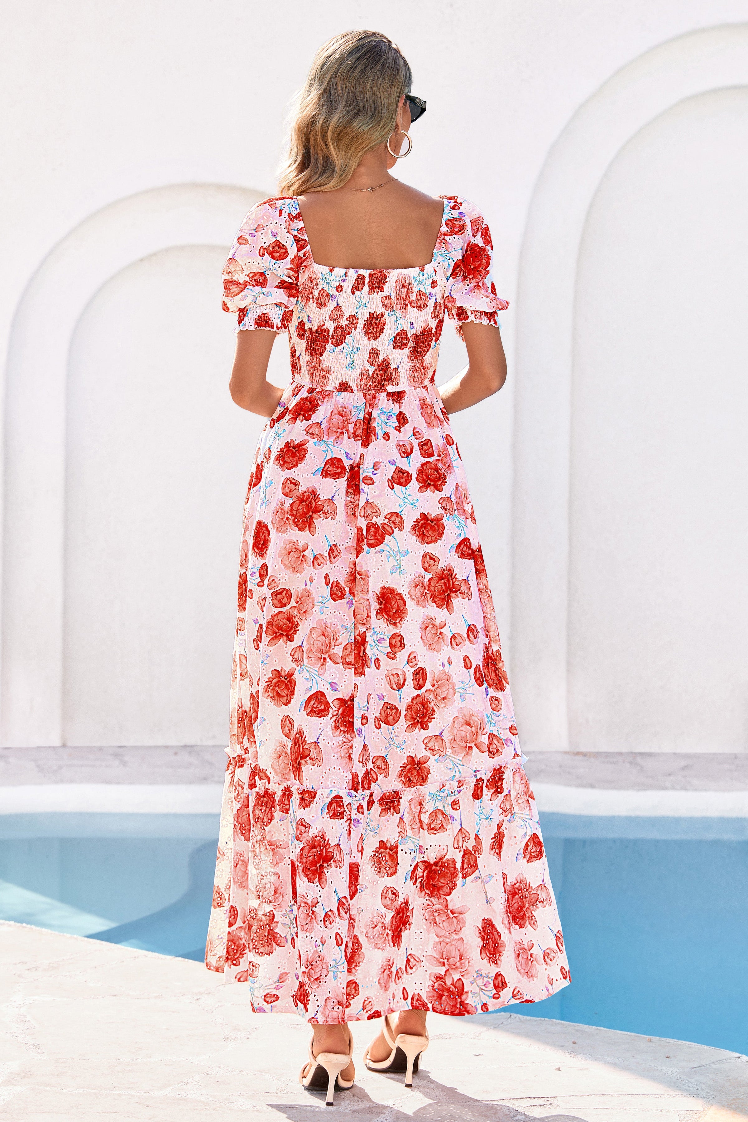 PRETTYGARDEN Women's Floral Boho Maxi Dresses Flowy Short Sleeve A Line Smocked Eyelet Summer Beach Vacation Clothes PRETTYGARDEN