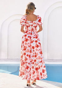 PRETTYGARDEN Women's Floral Boho Maxi Dresses Flowy Short Sleeve A Line Smocked Eyelet Summer Beach Vacation Clothes PRETTYGARDEN