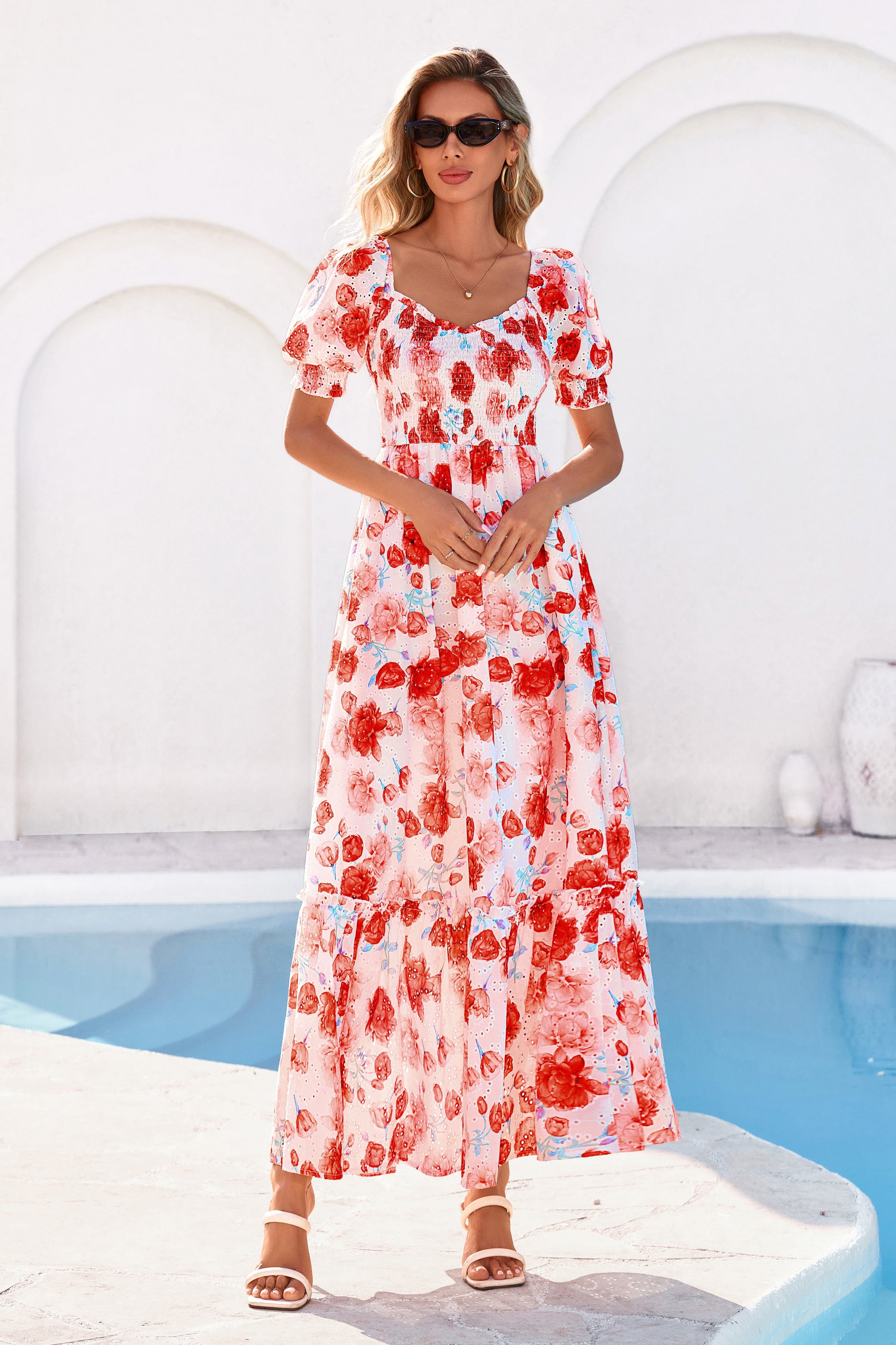 PRETTYGARDEN Women's Floral Boho Maxi Dresses Flowy Short Sleeve A Line Smocked Eyelet Summer Beach Vacation Clothes PRETTYGARDEN