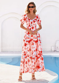 PRETTYGARDEN Women's Floral Boho Maxi Dresses Flowy Short Sleeve A Line Smocked Eyelet Summer Beach Vacation Clothes PRETTYGARDEN