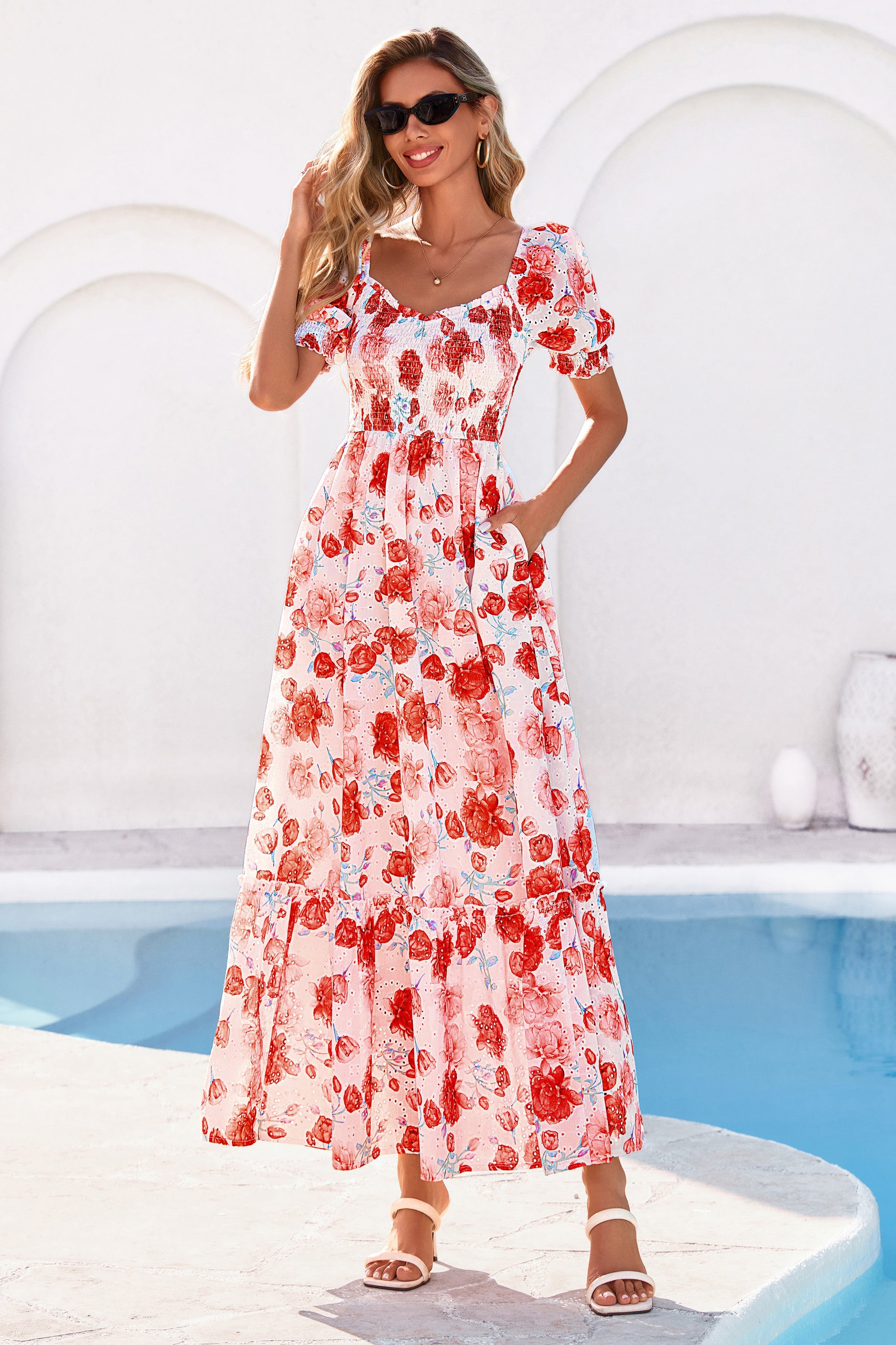 PRETTYGARDEN Women's Floral Boho Maxi Dresses Flowy Short Sleeve A Line Smocked Eyelet Summer Beach Vacation Clothes PRETTYGARDEN