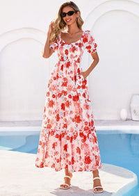 PRETTYGARDEN Women's Floral Boho Maxi Dresses Flowy Short Sleeve A Line Smocked Eyelet Summer Beach Vacation Clothes PRETTYGARDEN