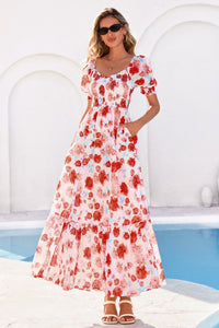 PRETTYGARDEN Women's Floral Boho Maxi Dresses Flowy Short Sleeve A Line Smocked Eyelet Summer Beach Vacation Clothes PRETTYGARDEN