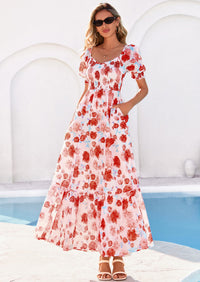 PRETTYGARDEN Women's Floral Boho Maxi Dresses Flowy Short Sleeve A Line Smocked Eyelet Summer Beach Vacation Clothes PRETTYGARDEN