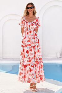 PRETTYGARDEN Women's Floral Boho Maxi Dresses Flowy Short Sleeve A Line Smocked Eyelet Summer Beach Vacation Clothes PRETTYGARDEN