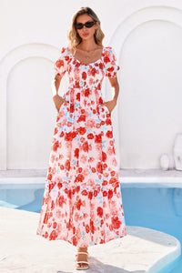 PRETTYGARDEN Women's Floral Boho Maxi Dresses Flowy Short Sleeve A Line Smocked Eyelet Summer Beach Vacation Clothes PRETTYGARDEN