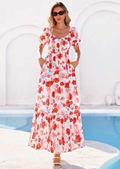 PRETTYGARDEN Women's Floral Boho Maxi Dresses Flowy Short Sleeve A Line Smocked Eyelet Summer Beach Vacation Clothes PRETTYGARDEN