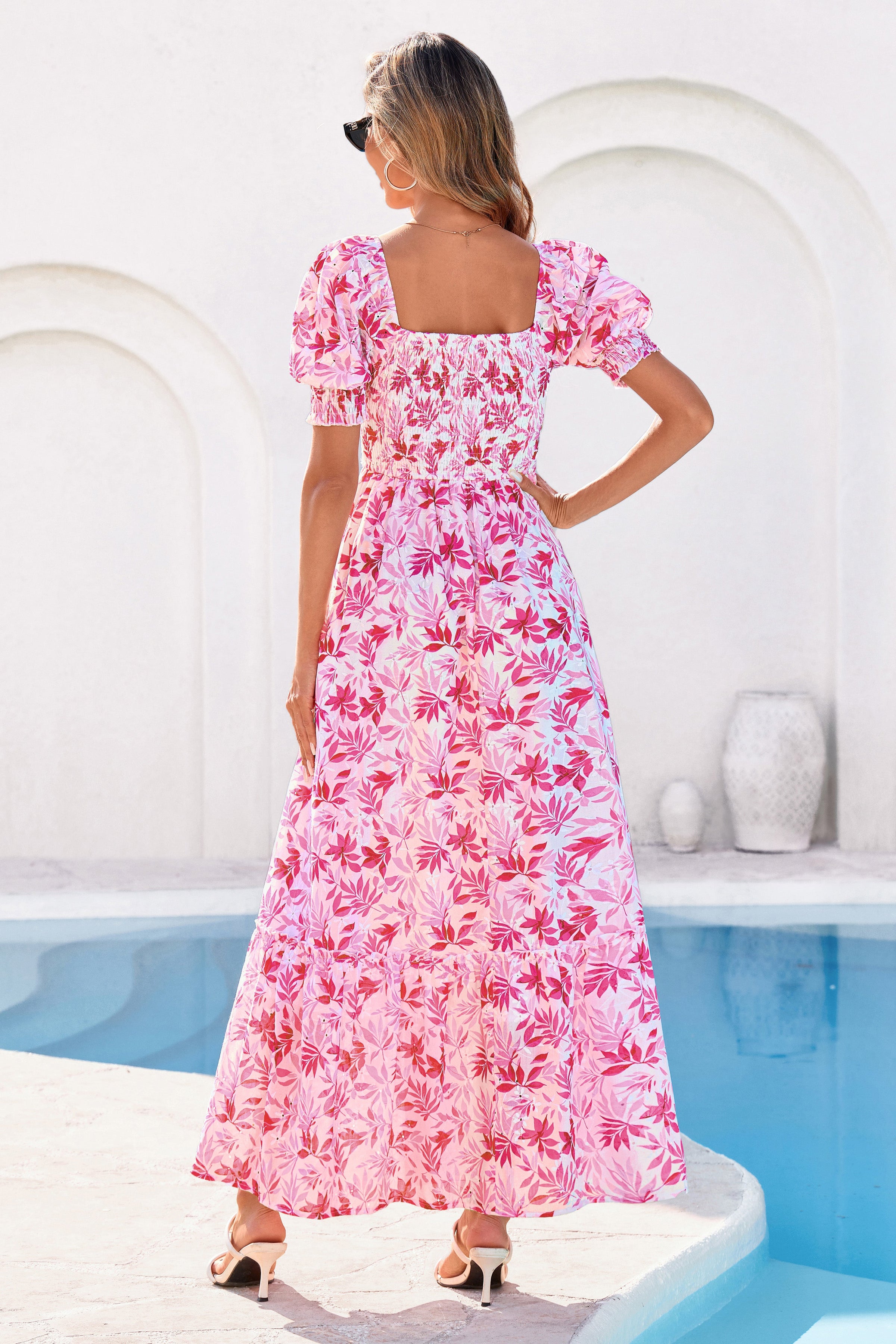 PRETTYGARDEN Women's Floral Boho Maxi Dresses Flowy Short Sleeve A Line Smocked Eyelet Summer Beach Vacation Clothes PRETTYGARDEN