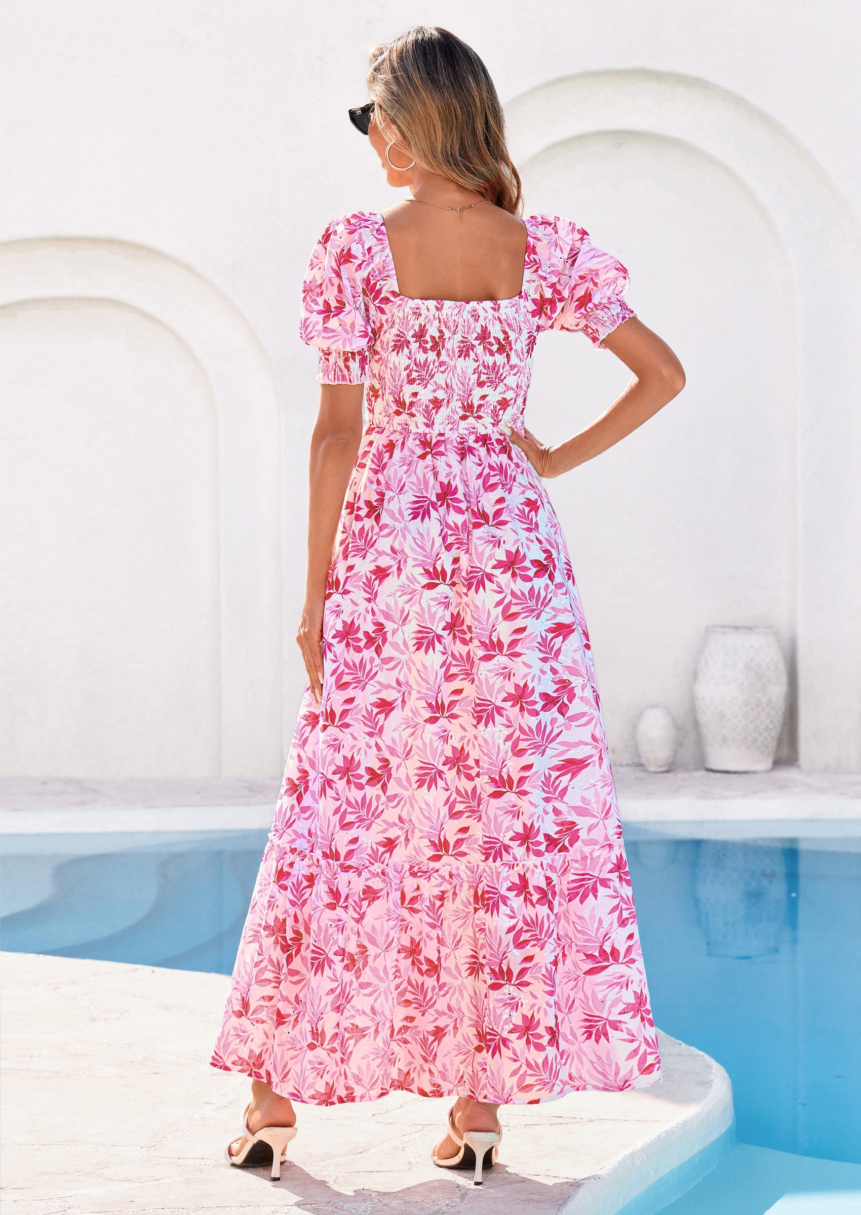 PRETTYGARDEN Women's Floral Boho Maxi Dresses Flowy Short Sleeve A Line Smocked Eyelet Summer Beach Vacation Clothes PRETTYGARDEN