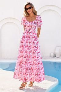 PRETTYGARDEN Women's Floral Boho Maxi Dresses Flowy Short Sleeve A Line Smocked Eyelet Summer Beach Vacation Clothes PRETTYGARDEN