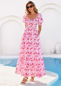 PRETTYGARDEN Women's Floral Boho Maxi Dresses Flowy Short Sleeve A Line Smocked Eyelet Summer Beach Vacation Clothes PRETTYGARDEN