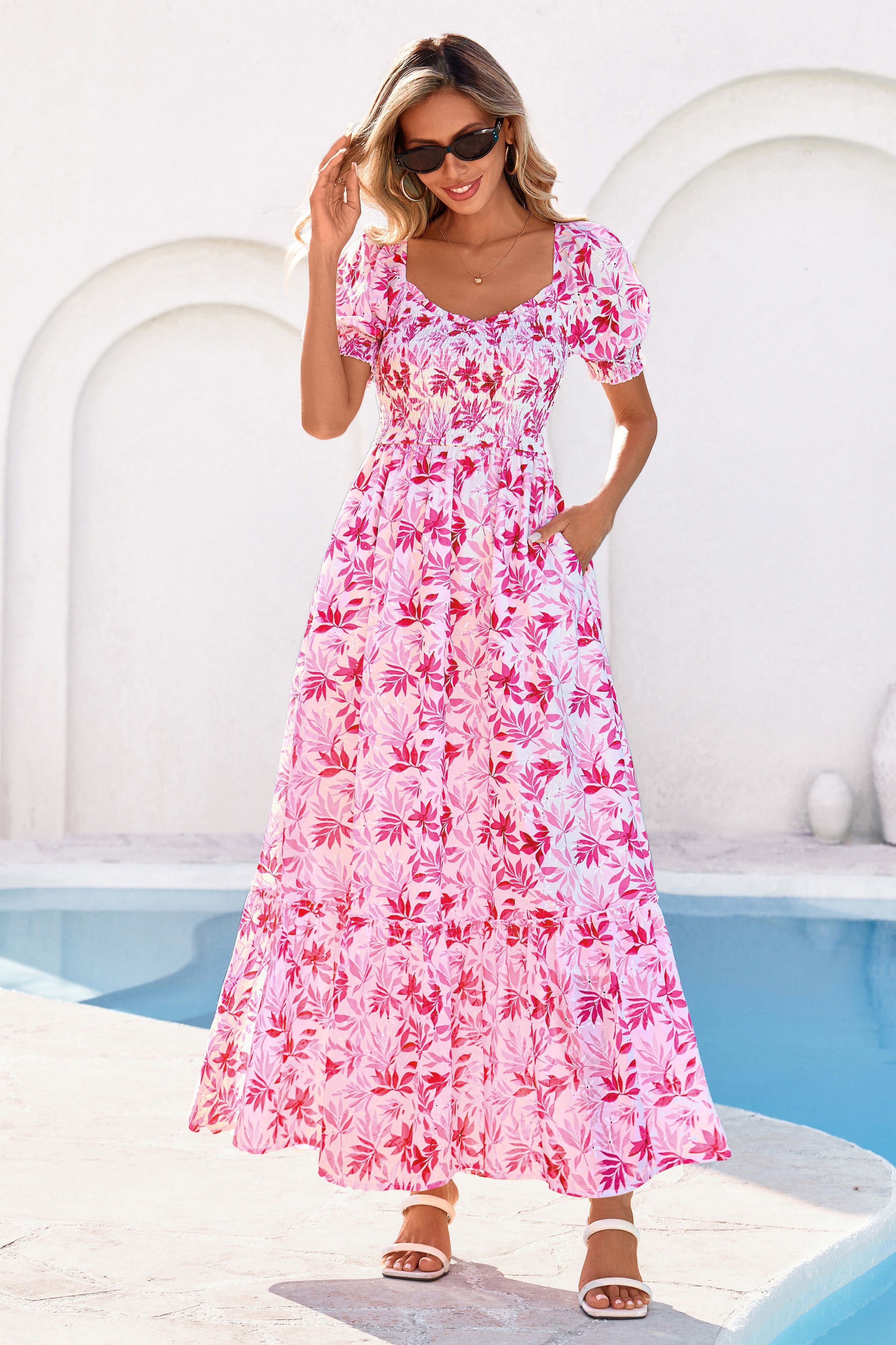 PRETTYGARDEN Women's Floral Boho Maxi Dresses Flowy Short Sleeve A Line Smocked Eyelet Summer Beach Vacation Clothes PRETTYGARDEN