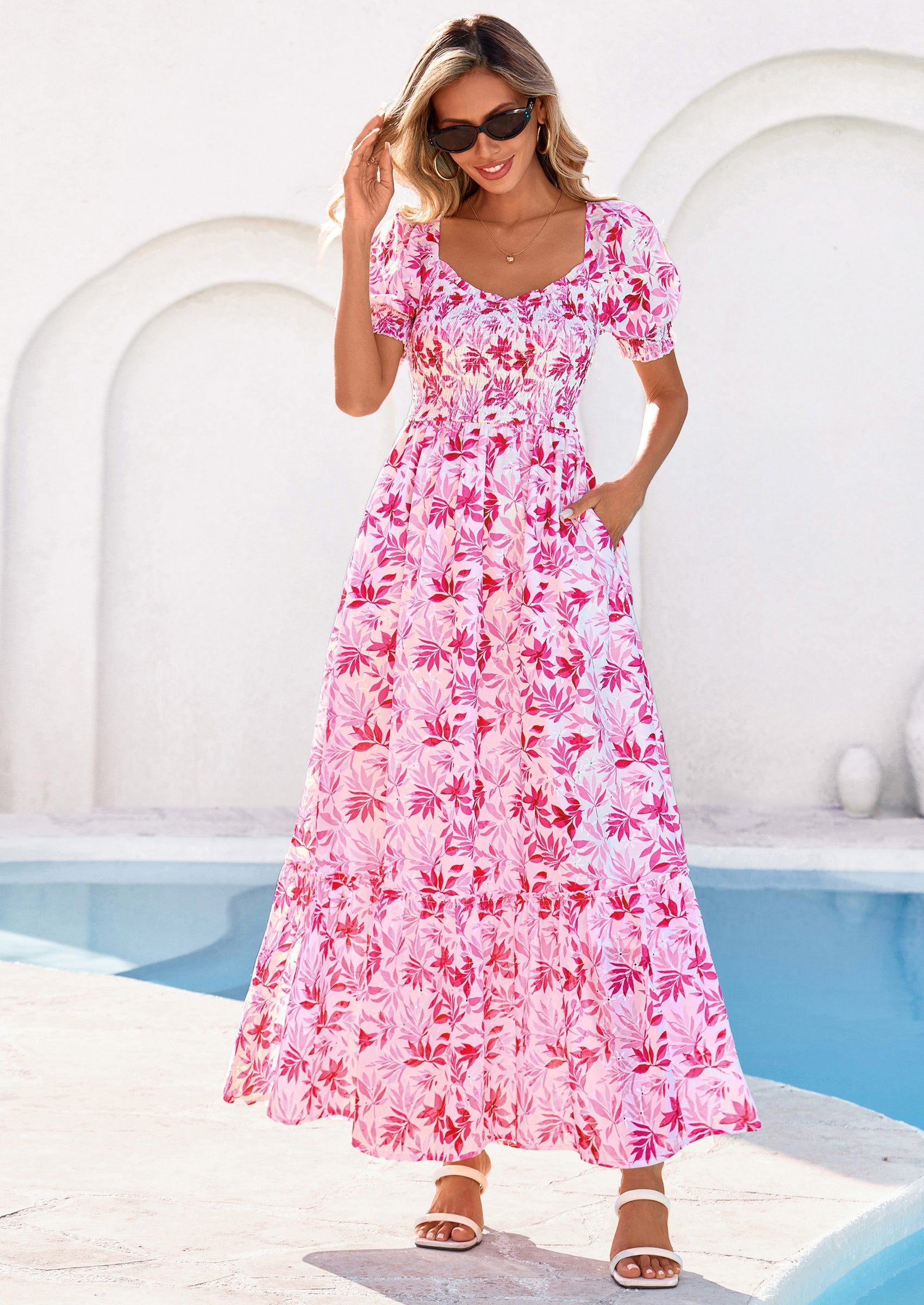 PRETTYGARDEN Women's Floral Boho Maxi Dresses Flowy Short Sleeve A Line Smocked Eyelet Summer Beach Vacation Clothes PRETTYGARDEN