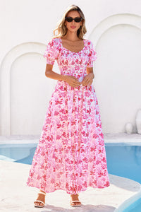 PRETTYGARDEN Women's Floral Boho Maxi Dresses Flowy Short Sleeve A Line Smocked Eyelet Summer Beach Vacation Clothes PRETTYGARDEN