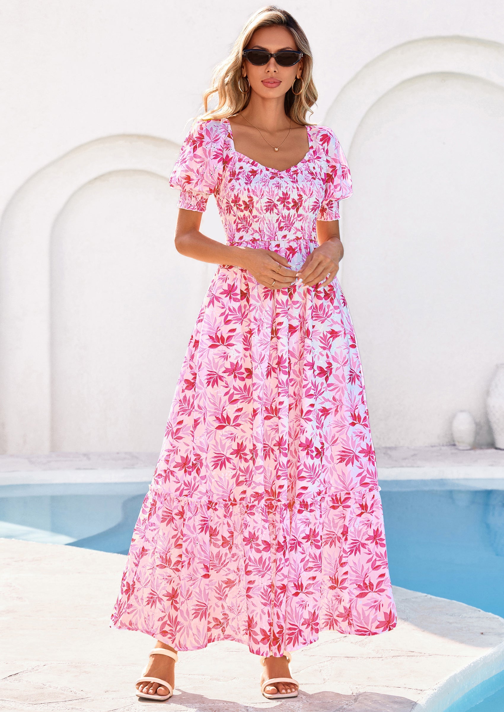 PRETTYGARDEN Women's Floral Boho Maxi Dresses Flowy Short Sleeve A Line Smocked Eyelet Summer Beach Vacation Clothes PRETTYGARDEN