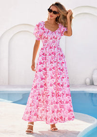 PRETTYGARDEN Women's Floral Boho Maxi Dresses Flowy Short Sleeve A Line Smocked Eyelet Summer Beach Vacation Clothes PRETTYGARDEN