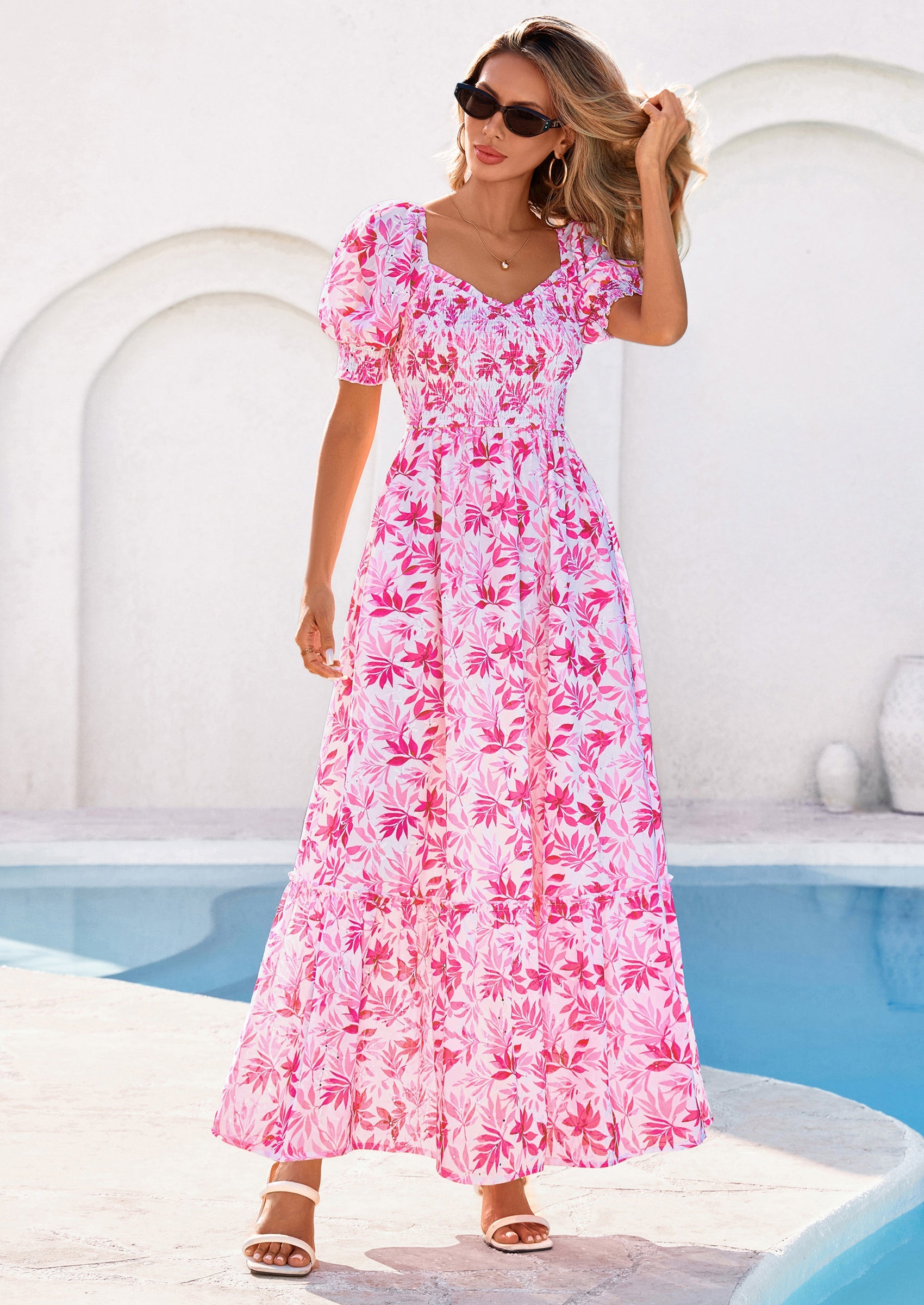 PRETTYGARDEN Women's Floral Boho Maxi Dresses Flowy Short Sleeve A Line Smocked Eyelet Summer Beach Vacation Clothes PRETTYGARDEN