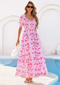 PRETTYGARDEN Women's Floral Boho Maxi Dresses Flowy Short Sleeve A Line Smocked Eyelet Summer Beach Vacation Clothes PRETTYGARDEN