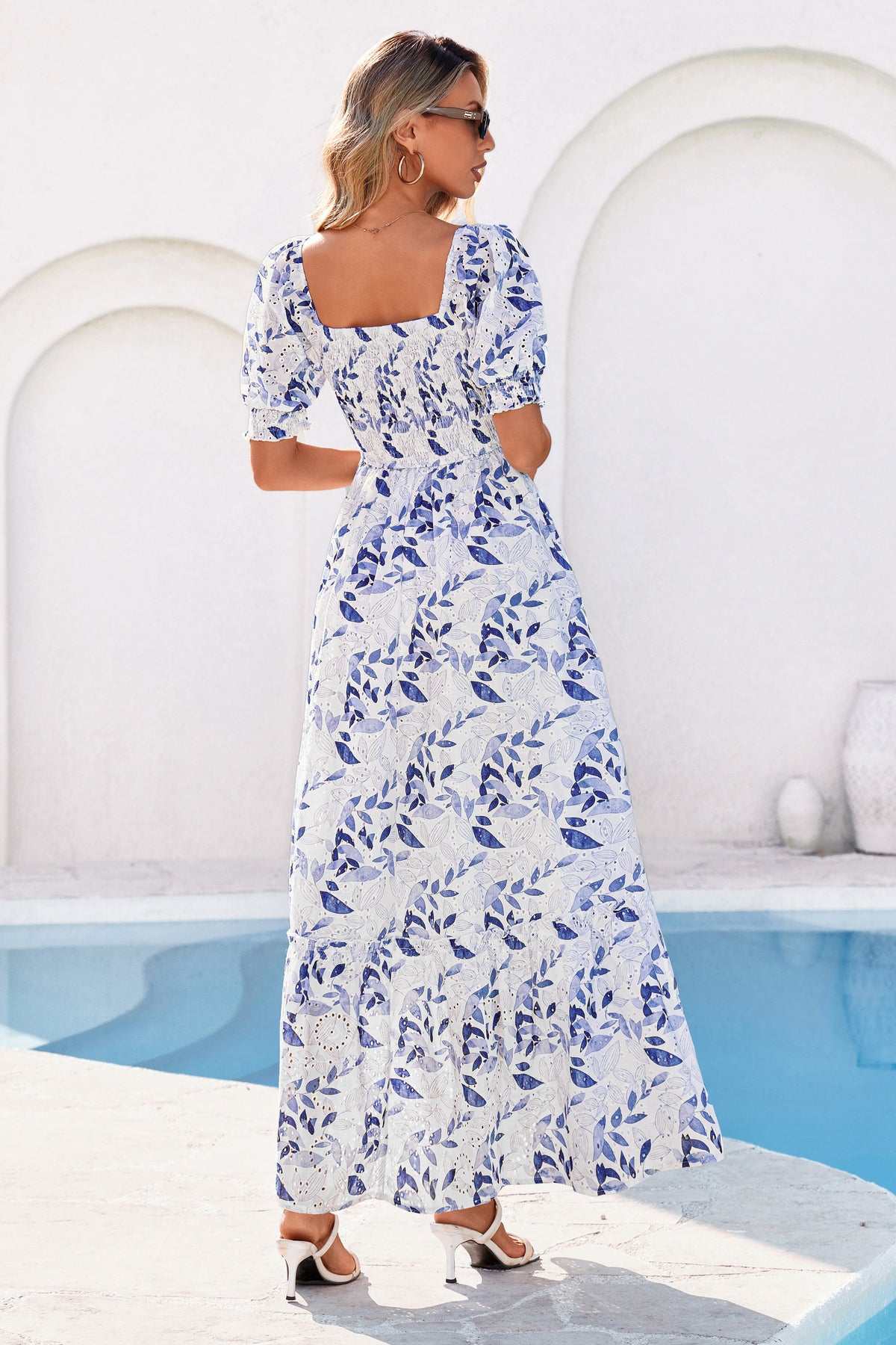 PRETTYGARDEN Women's Floral Boho Maxi Dresses Flowy Short Sleeve A Line Smocked Eyelet Summer Beach Vacation Clothes PRETTYGARDEN