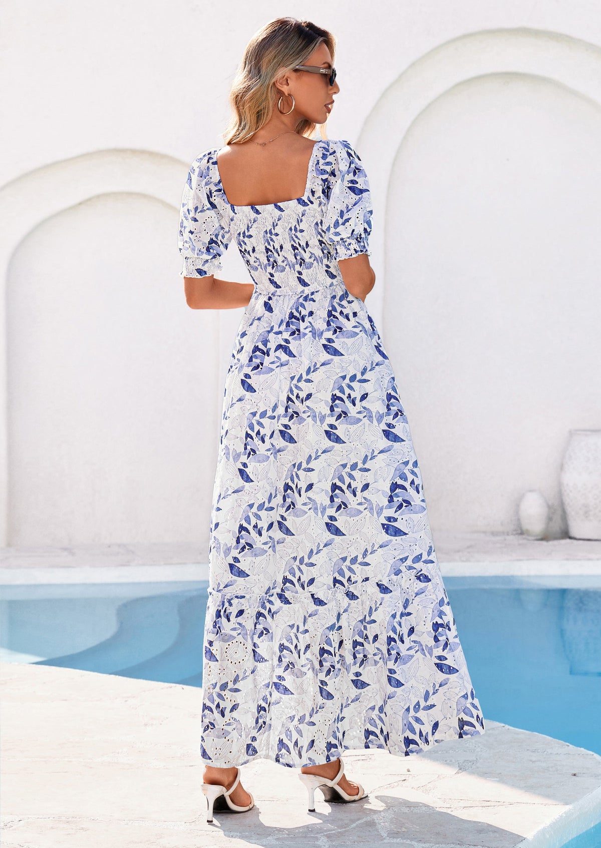 PRETTYGARDEN Women's Floral Boho Maxi Dresses Flowy Short Sleeve A Line Smocked Eyelet Summer Beach Vacation Clothes PRETTYGARDEN