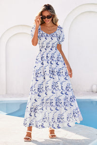 PRETTYGARDEN Women's Floral Boho Maxi Dresses Flowy Short Sleeve A Line Smocked Eyelet Summer Beach Vacation Clothes PRETTYGARDEN