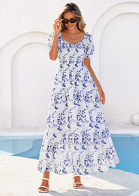 PRETTYGARDEN Women's Floral Boho Maxi Dresses Flowy Short Sleeve A Line Smocked Eyelet Summer Beach Vacation Clothes PRETTYGARDEN