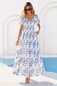 PRETTYGARDEN Women's Floral Boho Maxi Dresses Flowy Short Sleeve A Line Smocked Eyelet Summer Beach Vacation Clothes PRETTYGARDEN