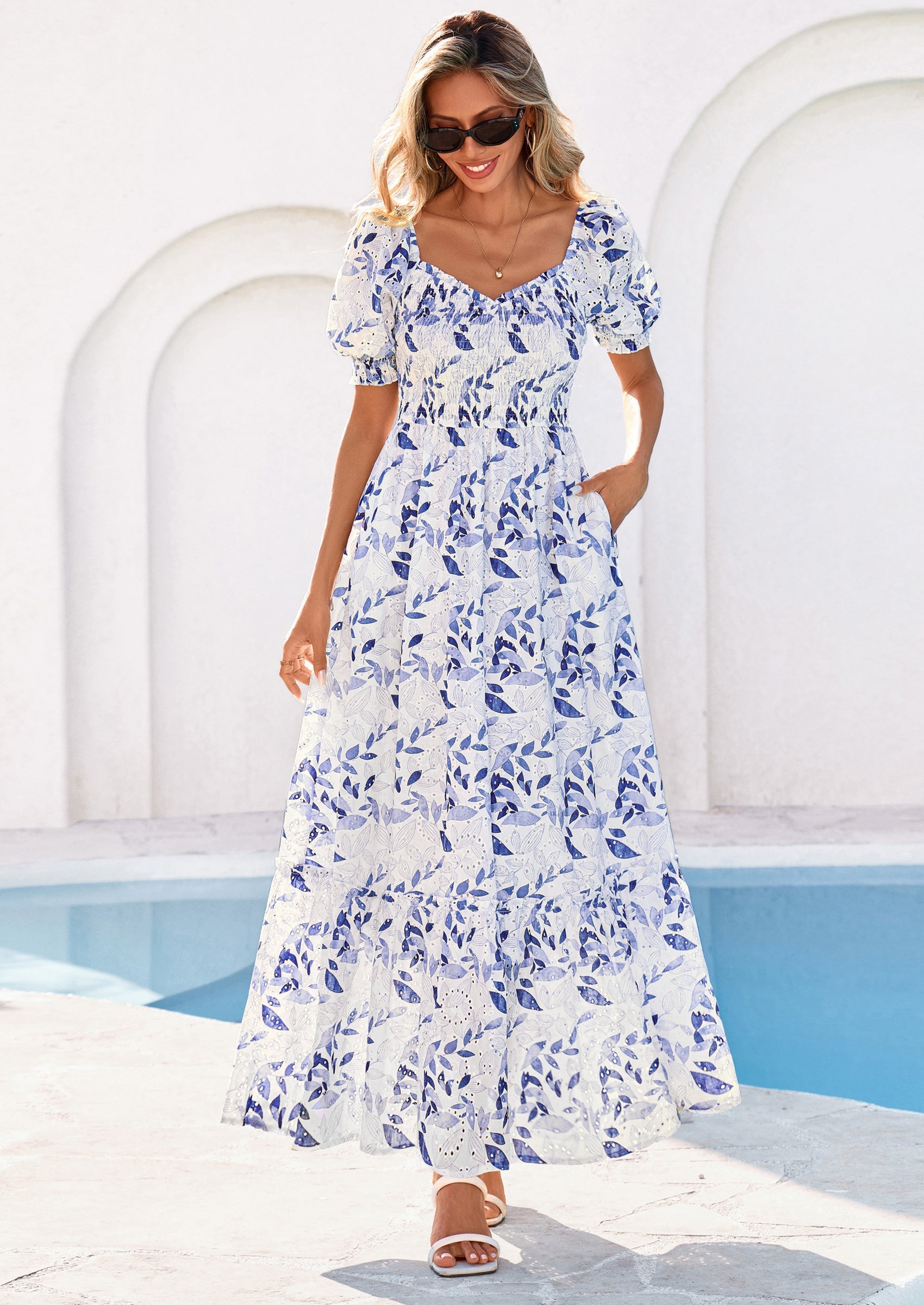 PRETTYGARDEN Women's Floral Boho Maxi Dresses Flowy Short Sleeve A Line Smocked Eyelet Summer Beach Vacation Clothes PRETTYGARDEN