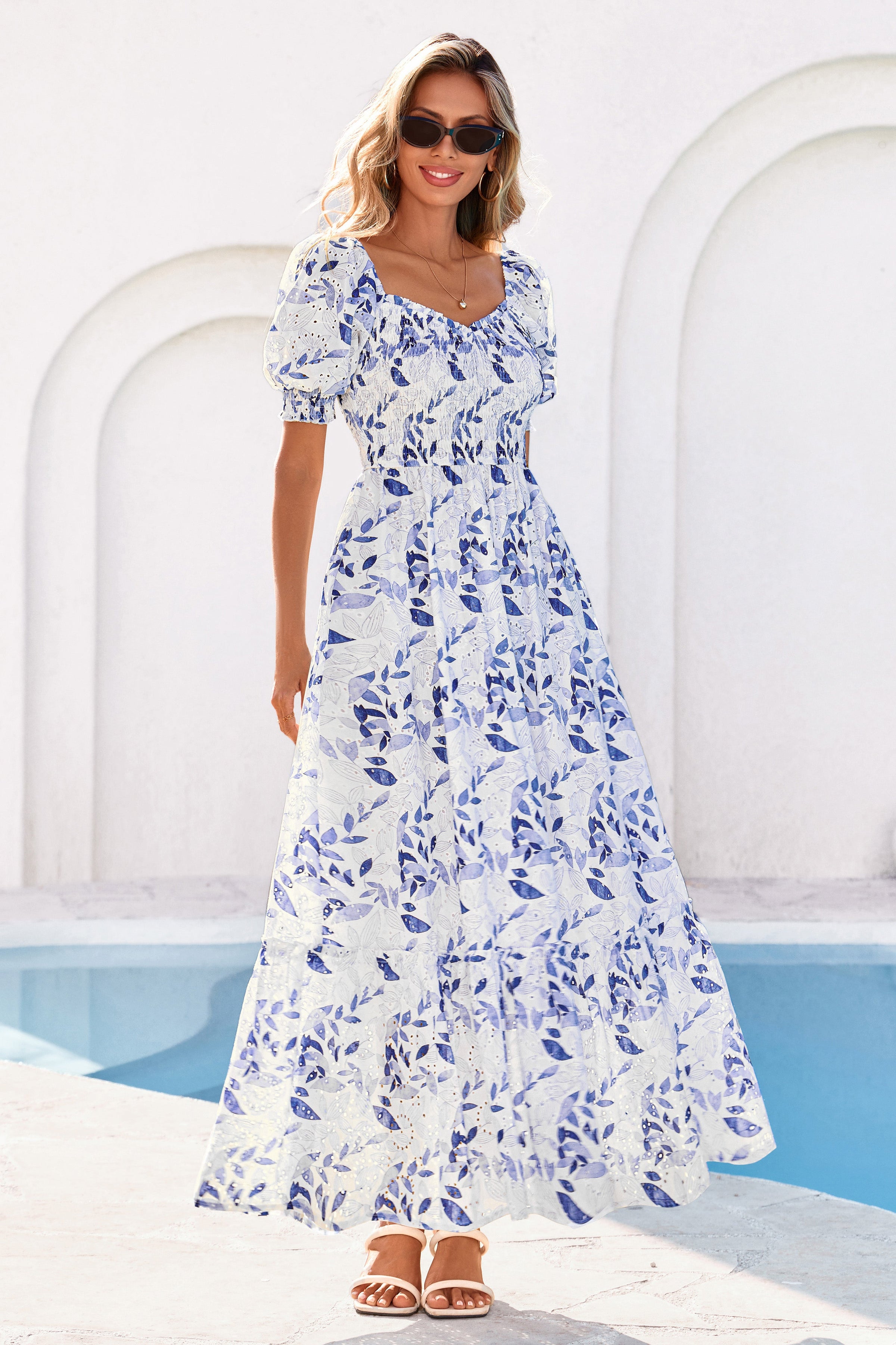 PRETTYGARDEN Women's Floral Boho Maxi Dresses Flowy Short Sleeve A Line Smocked Eyelet Summer Beach Vacation Clothes PRETTYGARDEN