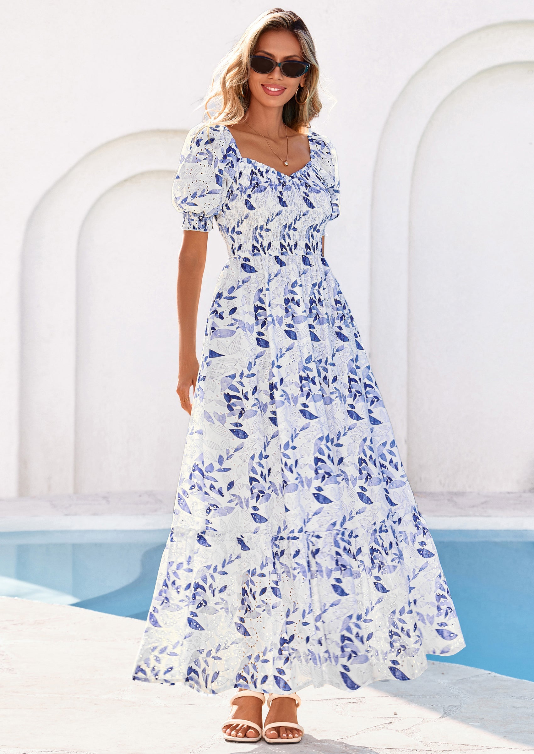 PRETTYGARDEN Women's Floral Boho Maxi Dresses Flowy Short Sleeve A Line Smocked Eyelet Summer Beach Vacation Clothes PRETTYGARDEN