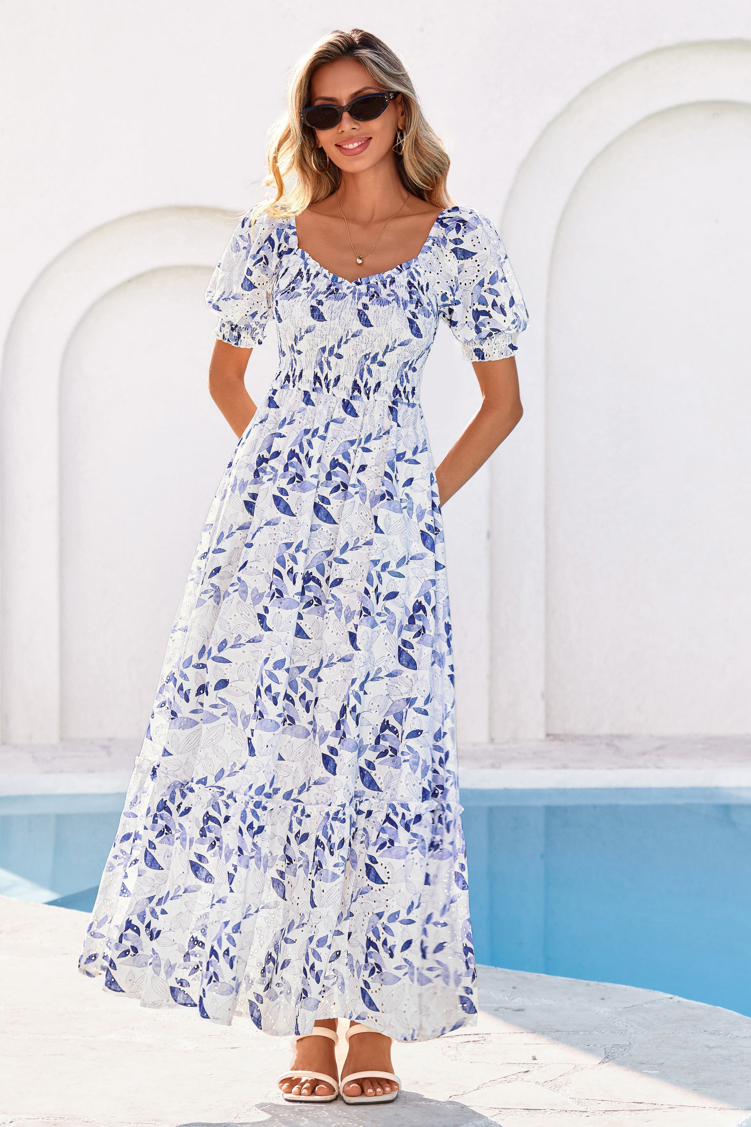 PRETTYGARDEN Women's Floral Boho Maxi Dresses Flowy Short Sleeve A Line Smocked Eyelet Summer Beach Vacation Clothes PRETTYGARDEN