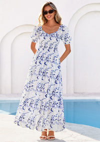 PRETTYGARDEN Women's Floral Boho Maxi Dresses Flowy Short Sleeve A Line Smocked Eyelet Summer Beach Vacation Clothes PRETTYGARDEN