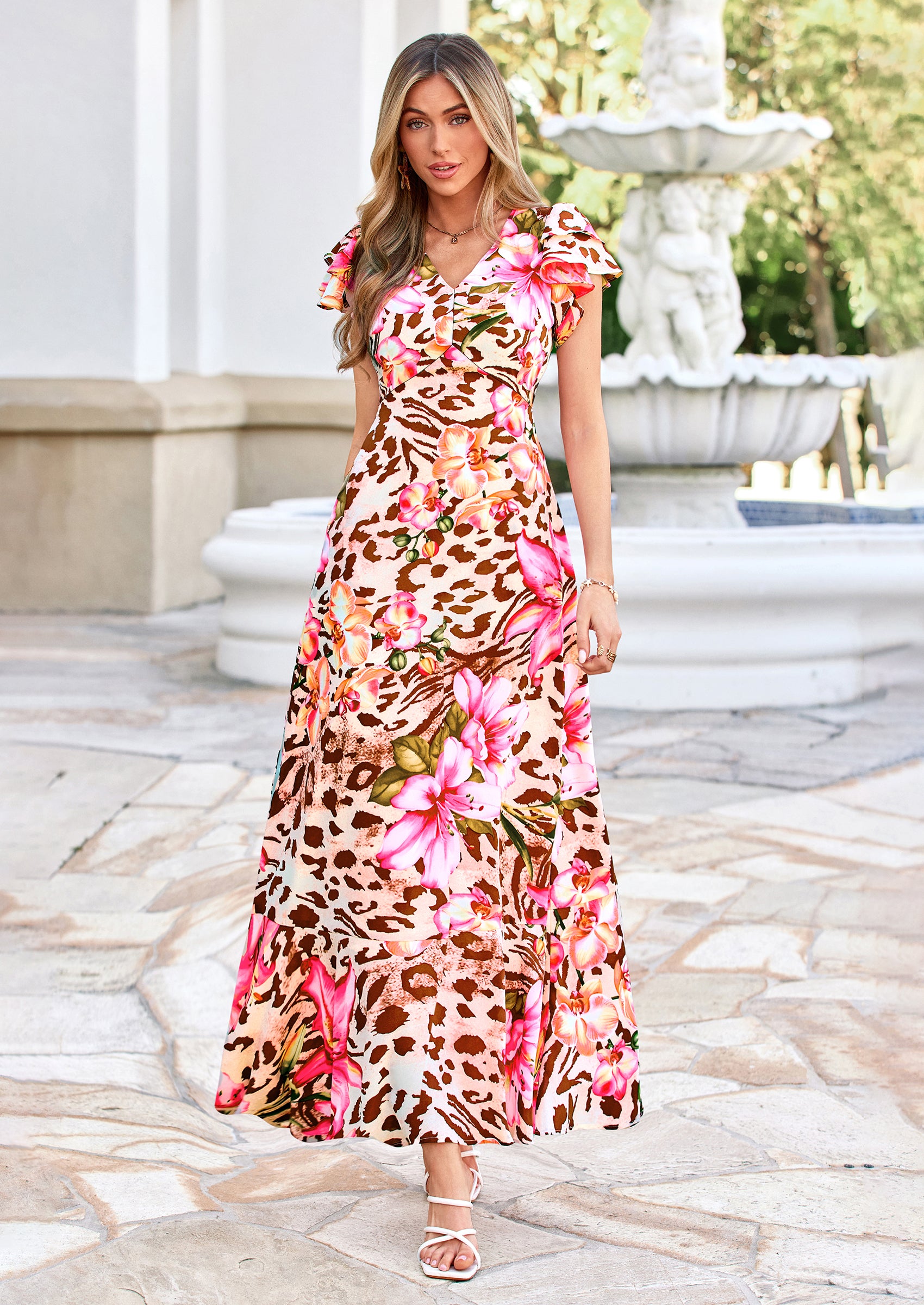 PRETTYGARDEN Wedding Guest Dresses for Women Spring Summer Short Sleeve Ruffle V Neck Floral Flowy Beach Maxi Long Dress