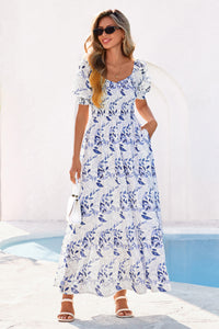 PRETTYGARDEN Women's Floral Boho Maxi Dresses Flowy Short Sleeve A Line Smocked Eyelet Summer Beach Vacation Clothes PRETTYGARDEN