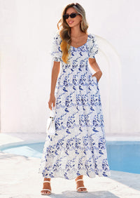 PRETTYGARDEN Women's Floral Boho Maxi Dresses Flowy Short Sleeve A Line Smocked Eyelet Summer Beach Vacation Clothes PRETTYGARDEN