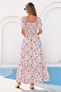 PRETTYGARDEN Women's Floral Boho Maxi Dresses Flowy Short Sleeve A Line Smocked Eyelet Summer Beach Vacation Clothes PRETTYGARDEN