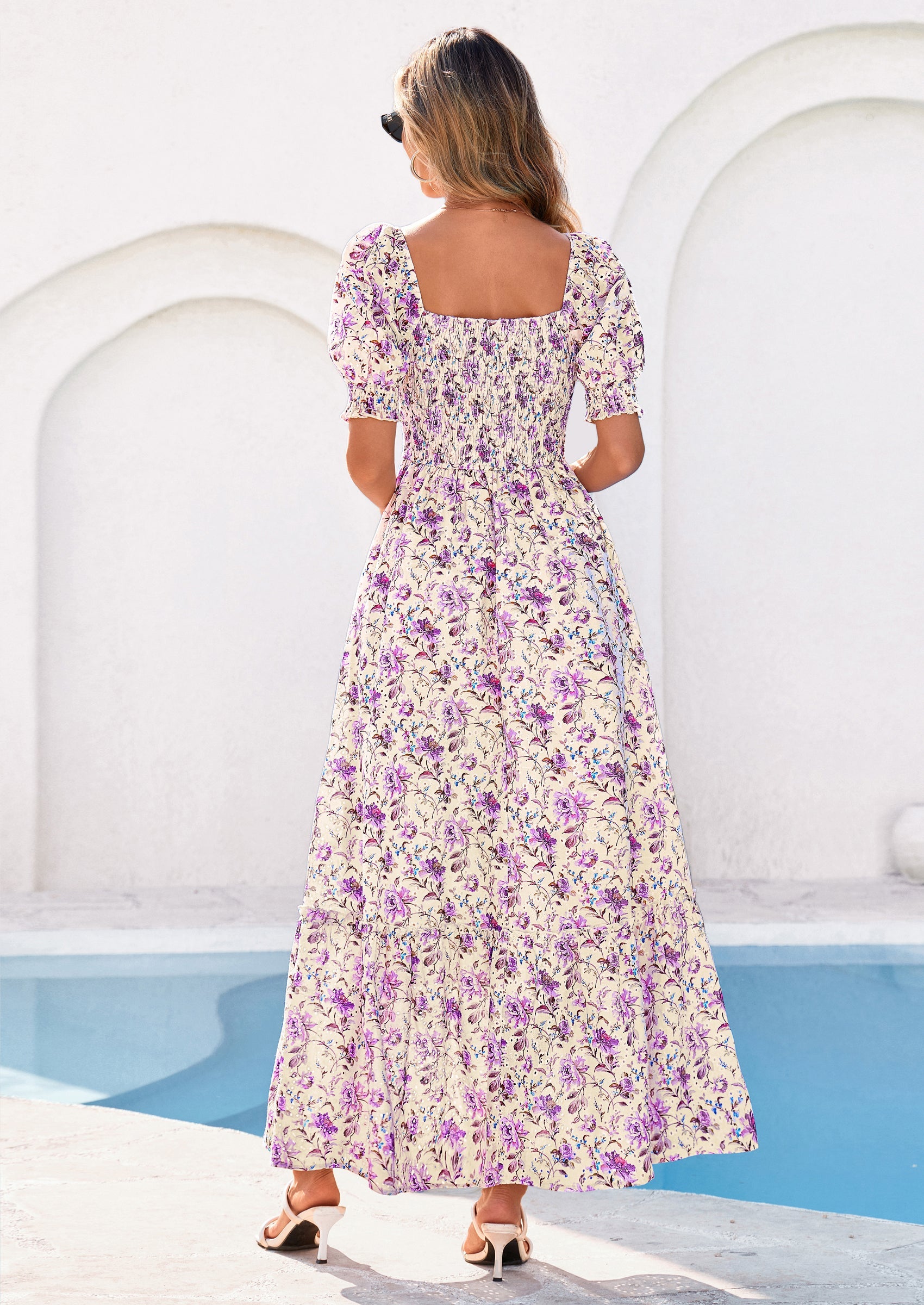 PRETTYGARDEN Women's Floral Boho Maxi Dresses Flowy Short Sleeve A Line Smocked Eyelet Summer Beach Vacation Clothes PRETTYGARDEN