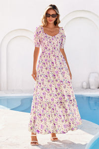 PRETTYGARDEN Women's Floral Boho Maxi Dresses Flowy Short Sleeve A Line Smocked Eyelet Summer Beach Vacation Clothes PRETTYGARDEN