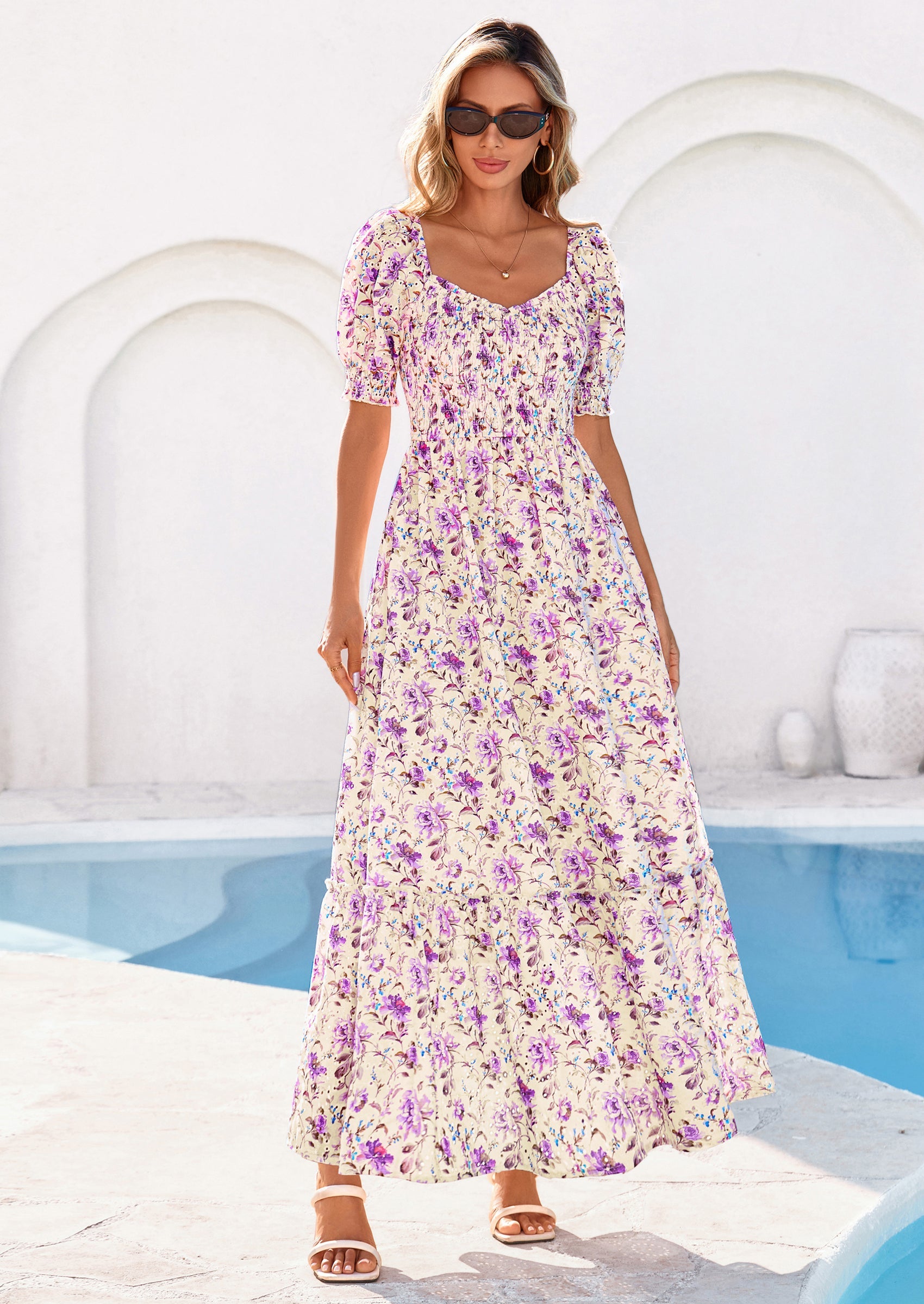 PRETTYGARDEN Women's Floral Boho Maxi Dresses Flowy Short Sleeve A Line Smocked Eyelet Summer Beach Vacation Clothes PRETTYGARDEN