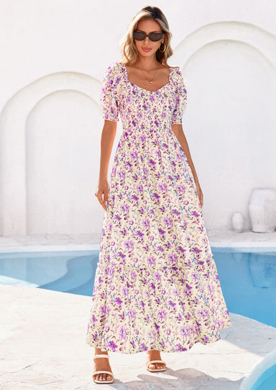 PRETTYGARDEN Women's Floral Boho Maxi Dresses Flowy Short Sleeve A Line Smocked Eyelet Summer Beach Vacation Clothes PRETTYGARDEN