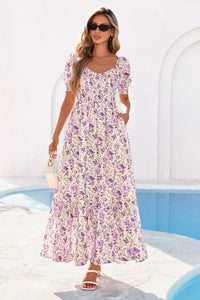 PRETTYGARDEN Women's Floral Boho Maxi Dresses Flowy Short Sleeve A Line Smocked Eyelet Summer Beach Vacation Clothes PRETTYGARDEN