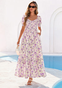 PRETTYGARDEN Women's Floral Boho Maxi Dresses Flowy Short Sleeve A Line Smocked Eyelet Summer Beach Vacation Clothes PRETTYGARDEN