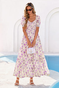 PRETTYGARDEN Women's Floral Boho Maxi Dresses Flowy Short Sleeve A Line Smocked Eyelet Summer Beach Vacation Clothes PRETTYGARDEN