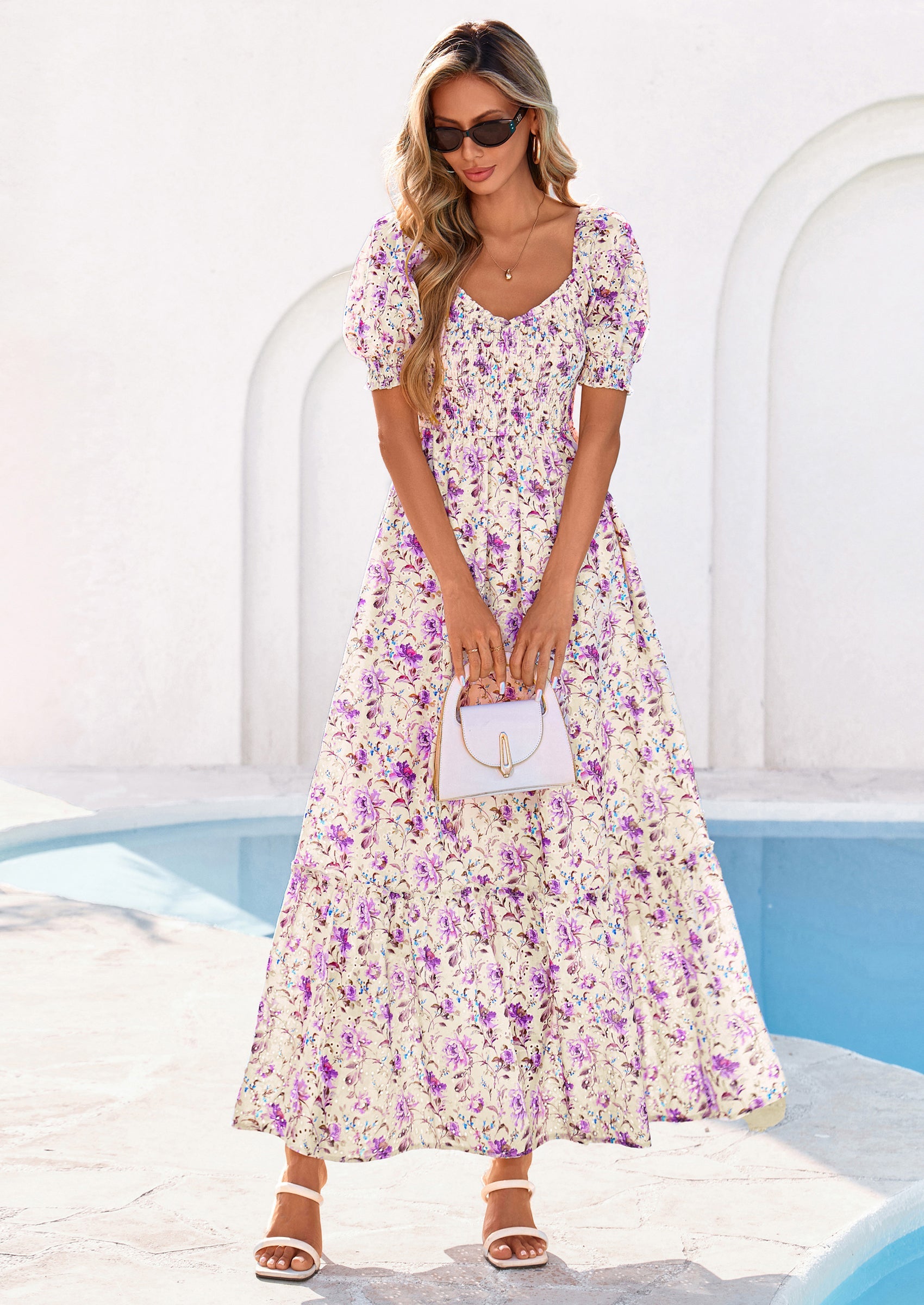 PRETTYGARDEN Women's Floral Boho Maxi Dresses Flowy Short Sleeve A Line Smocked Eyelet Summer Beach Vacation Clothes PRETTYGARDEN