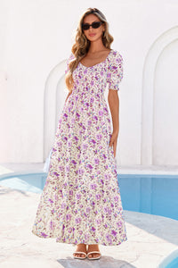 PRETTYGARDEN Women's Floral Boho Maxi Dresses Flowy Short Sleeve A Line Smocked Eyelet Summer Beach Vacation Clothes PRETTYGARDEN